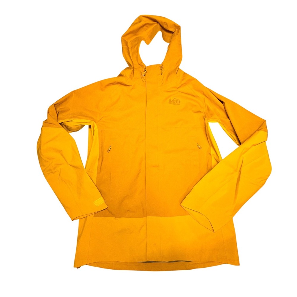 REI Co-op Rainier Rain Jacket Mens Medium Mustard Yellow HydroWall 2.5L Hooded